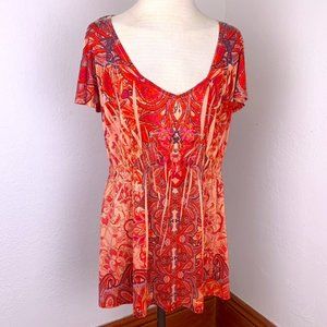 APT 9 Swoop Neck Orange/Red Pattern Boho Shirt, 1X, Dye sublimation, loose, flow